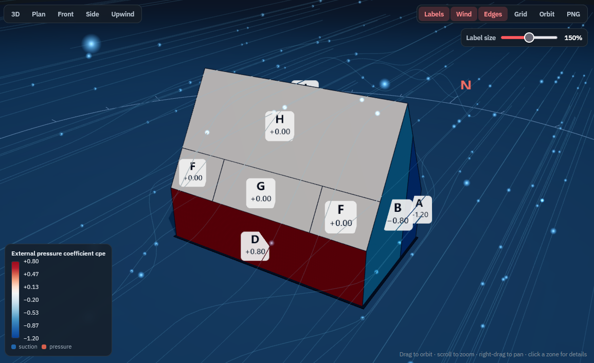 3D wind pressure map on a duo-pitch building in the Eurocode Wind web-app