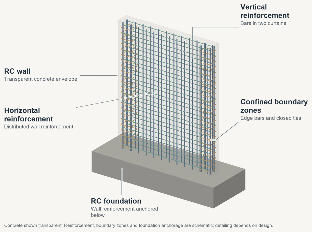 Annotated three-dimensional illustration of reinforced-concrete shear wall