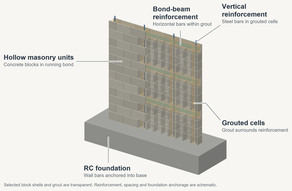 Annotated three-dimensional illustration of reinforced masonry structural wall